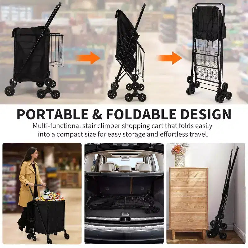 Carrito de compras subeescaleras con revestimiento impermeable, carrito utilitario plegable con ruedas traseras de tres ruedas, ruedas giratorias de 360 grados, carrito de comestibles plegable y portátil