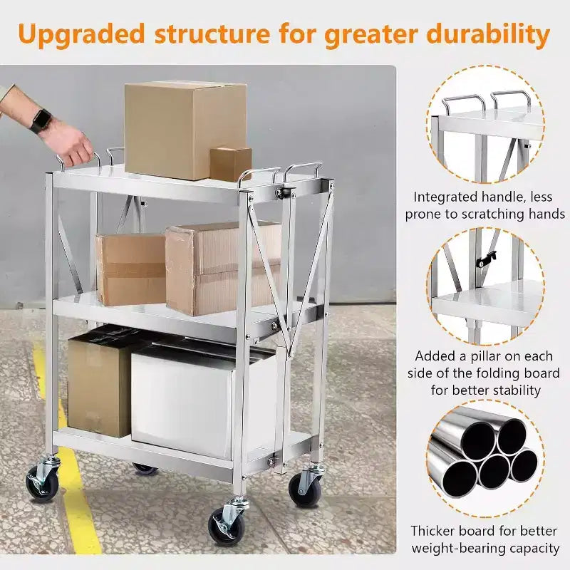 Carrito utilitario de 3 niveles de acero inoxidable, carrito de servicio utilitario plegable con ruedas, carros rodantes portátiles de alta resistencia con capacidad de 300 libras para taller de cocina