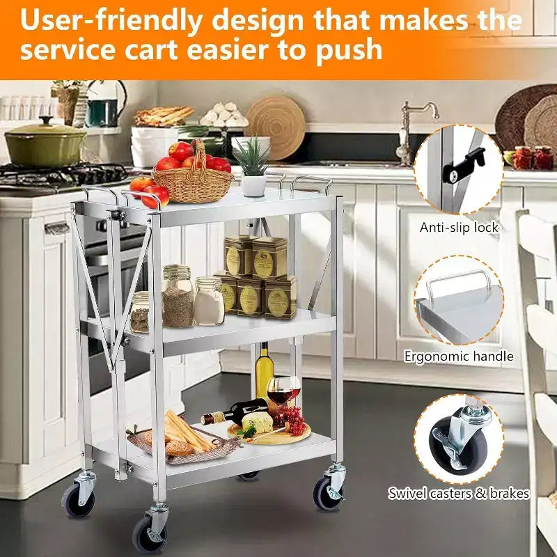 Carrito utilitario de 3 niveles de acero inoxidable, carrito de servicio utilitario plegable con ruedas, carros rodantes portátiles de alta resistencia con capacidad de 300 libras para taller de cocina