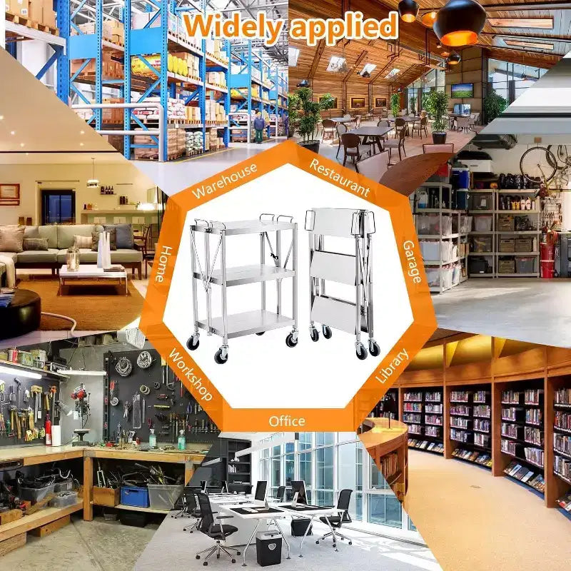Carrito utilitario de 3 niveles de acero inoxidable, carrito de servicio utilitario plegable con ruedas, carros rodantes portátiles de alta resistencia con capacidad de 300 libras para taller de cocina