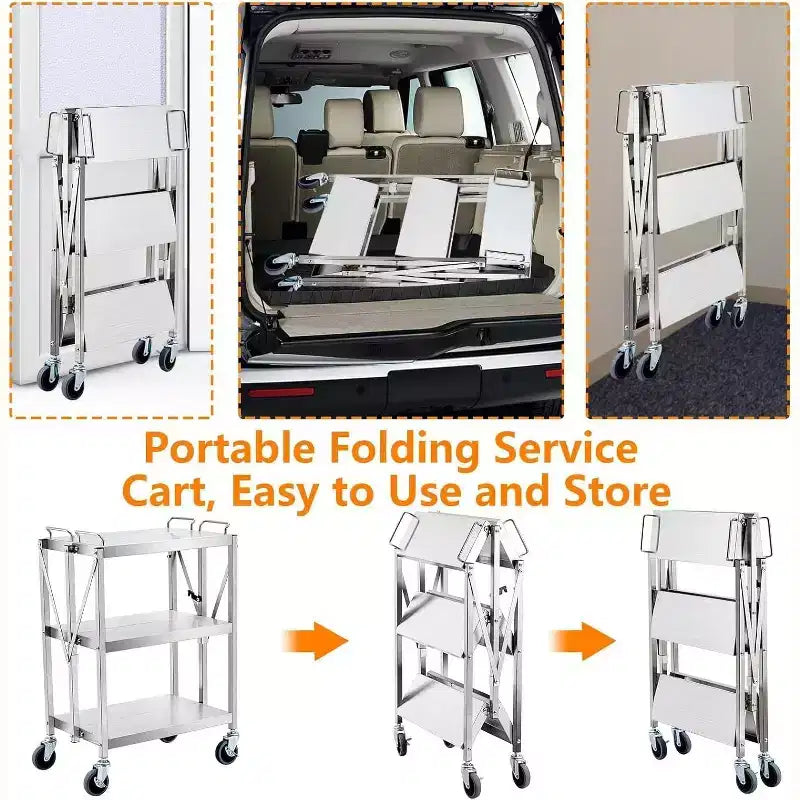 Carrito utilitario de 3 niveles de acero inoxidable, carrito de servicio utilitario plegable con ruedas, carros rodantes portátiles de alta resistencia con capacidad de 300 libras para taller de cocina