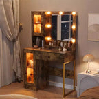 Tocador de maquillaje con espejo y luces, mesa de tocador con estación de carga, tocador de madera para dormitorio de niñas