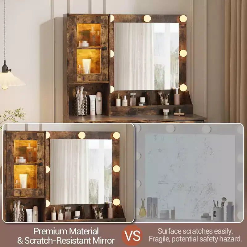 Tocador de maquillaje con espejo y luces, mesa de tocador con estación de carga, tocador de madera para dormitorio de niñas