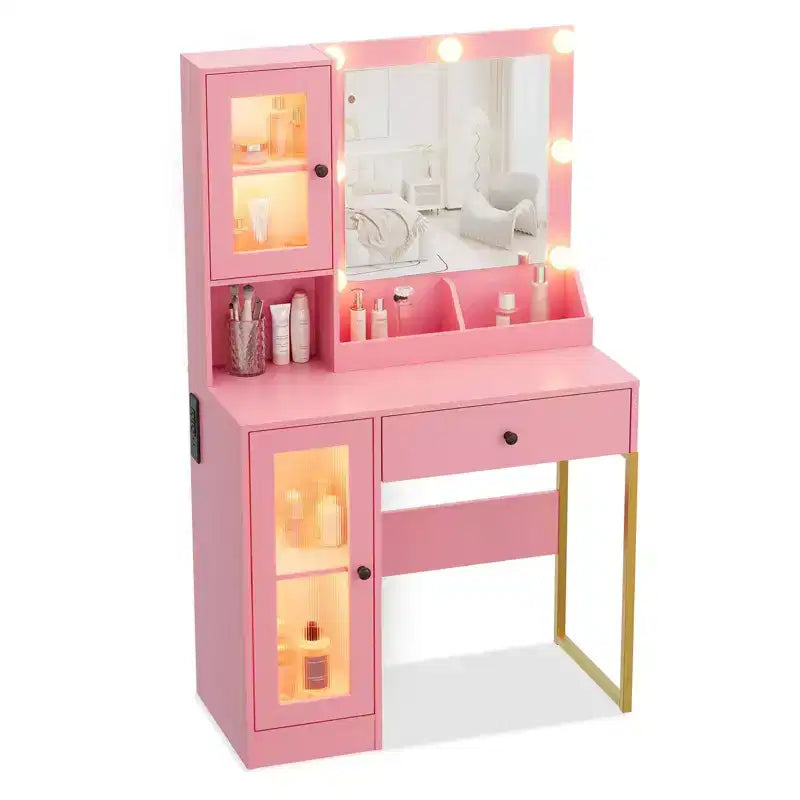 Tocador de maquillaje con espejo y luces, mesa de tocador con estación de carga, tocador de madera para dormitorio de niñas