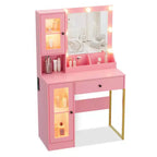 Tocador de maquillaje con espejo y luces, mesa de tocador con estación de carga, tocador de madera para dormitorio de niñas