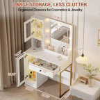 Tocador de maquillaje con espejo y luces, mesa de tocador con estación de carga, tocador de madera para dormitorio de niñas