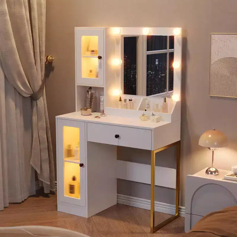 Tocador de maquillaje con espejo y luces, mesa de tocador con estación de carga, tocador de madera para dormitorio de niñas