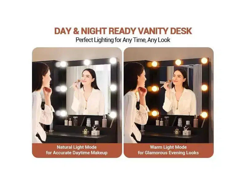 Tocador de maquillaje con espejo y luces, mesa de tocador con estación de carga, tocador de madera para dormitorio de niñas