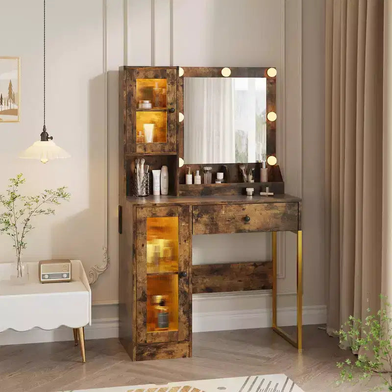 Tocador de maquillaje con espejo y luces, mesa de tocador con estación de carga, tocador de madera para dormitorio de niñas