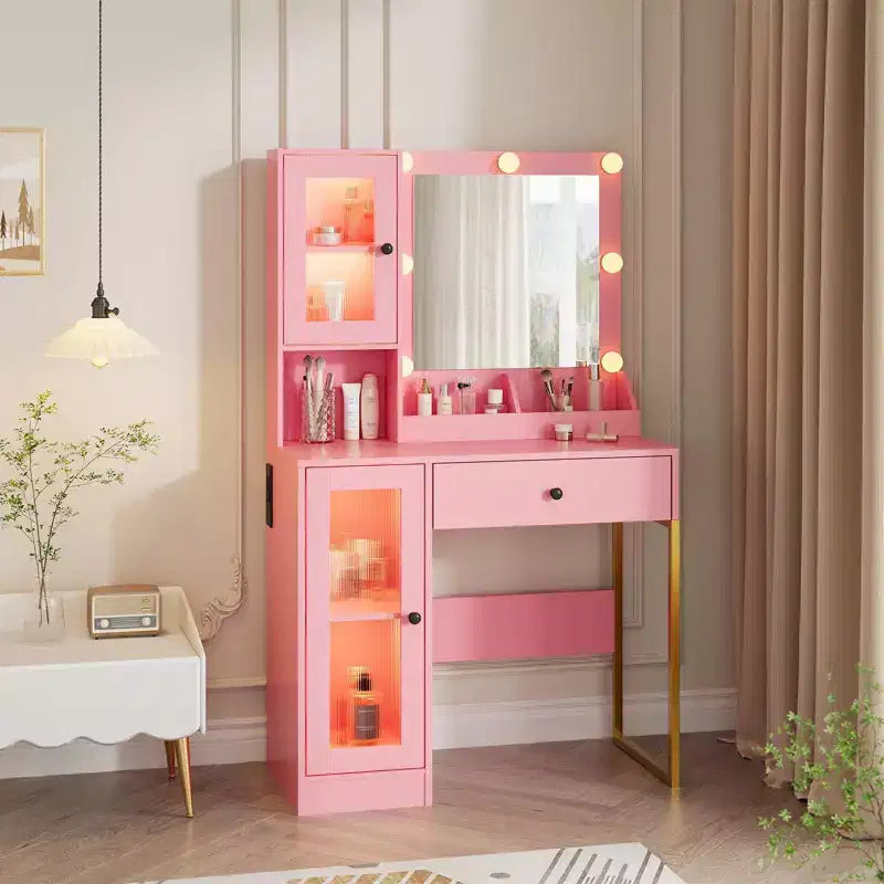 Tocador de maquillaje con espejo y luces, mesa de tocador con estación de carga, tocador de madera para dormitorio de niñas
