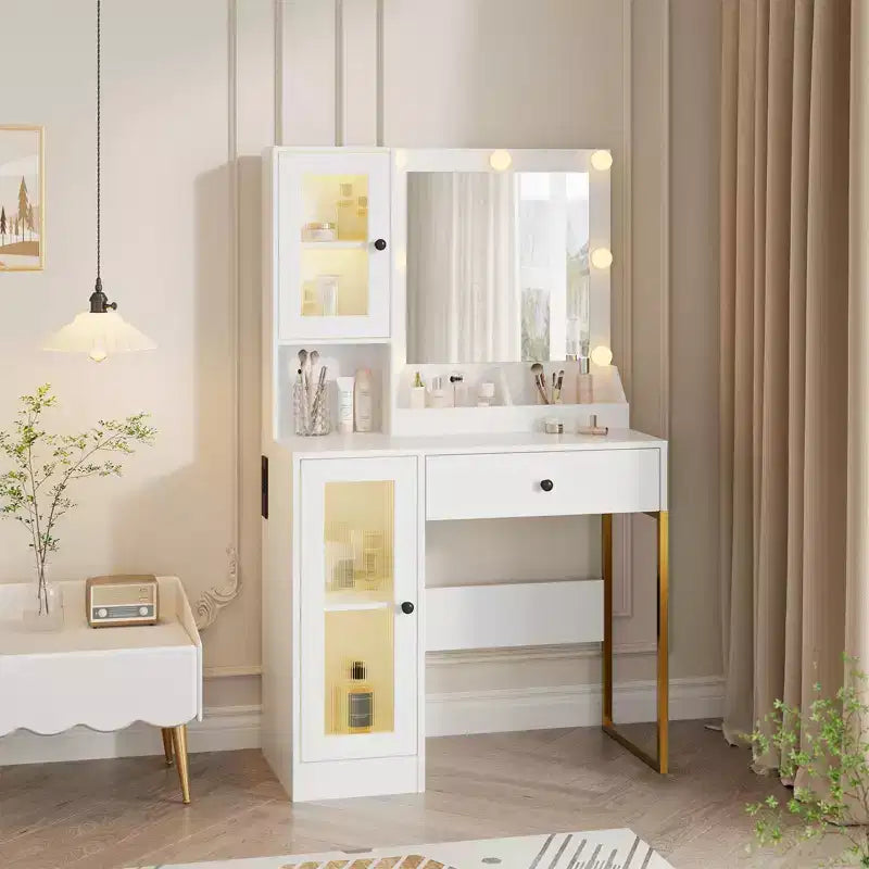 Tocador de maquillaje con espejo y luces, mesa de tocador con estación de carga, tocador de madera para dormitorio de niñas
