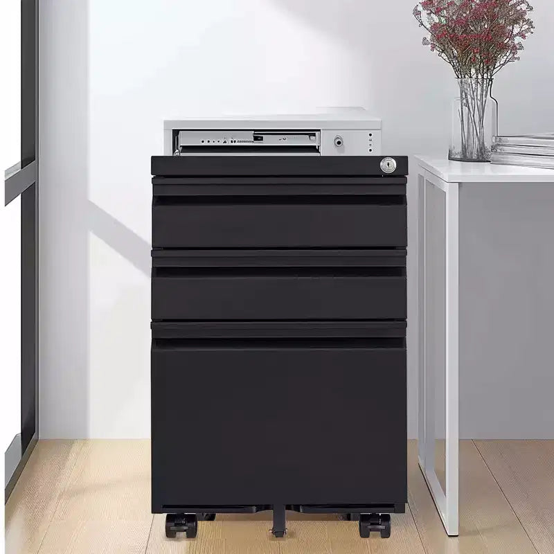 VIYET 14.69 Archivador móvil de 3 cajones con cerradura, archivador de metal negro totalmente montado para oficina en casa, compatible con tamaño carta/legal/A4