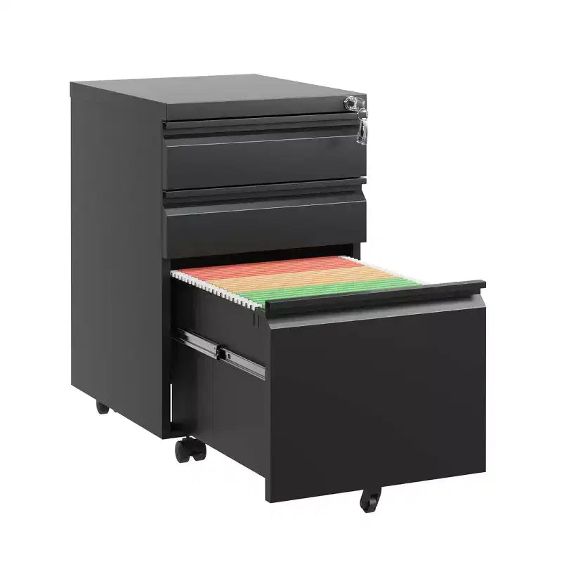 VIYET 14.69 Archivador móvil de 3 cajones con cerradura, archivador de metal negro totalmente montado para oficina en casa, compatible con tamaño carta/legal/A4