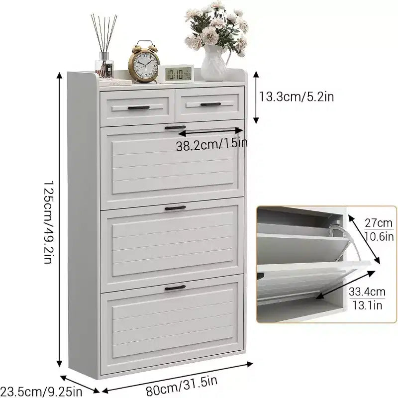 Mueble zapatero con 3 cajones abatibles y 2 cajones, zapatero de madera oculto para entrada, zapatero organizador independiente, zapatero estrecho