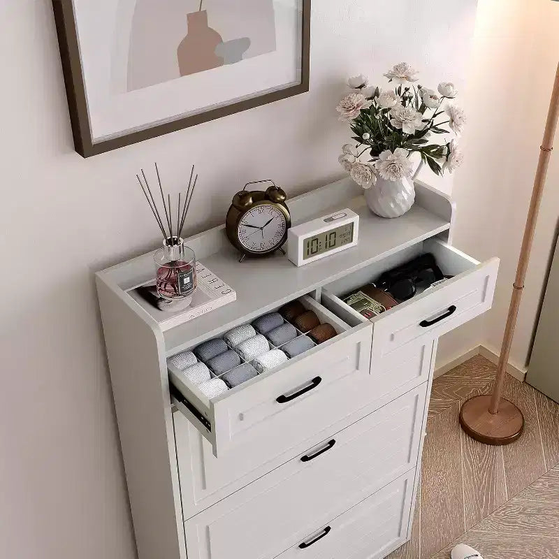 Mueble zapatero con 3 cajones abatibles y 2 cajones, zapatero de madera oculto para entrada, zapatero organizador independiente, zapatero estrecho