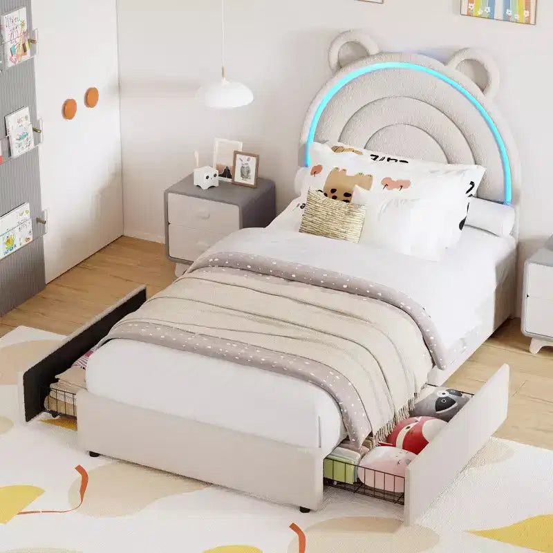 Cama con plataforma tapizada COZONY con cajones de almacenamiento y cabecero decorativo, soporte resistente de listones de madera, no necesita somier, fácil montaje