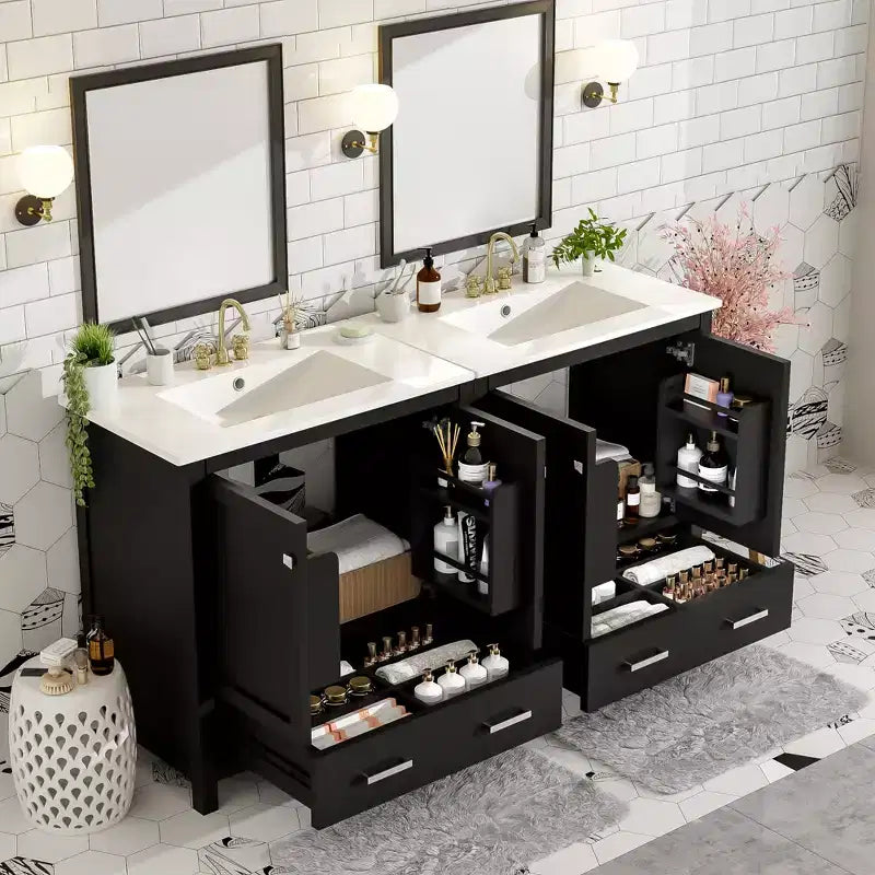 Combinación de tocador de baño vintage de 48" con lavabos dobles, gabinete de almacenamiento para baño con puertas de cierre suave y estante