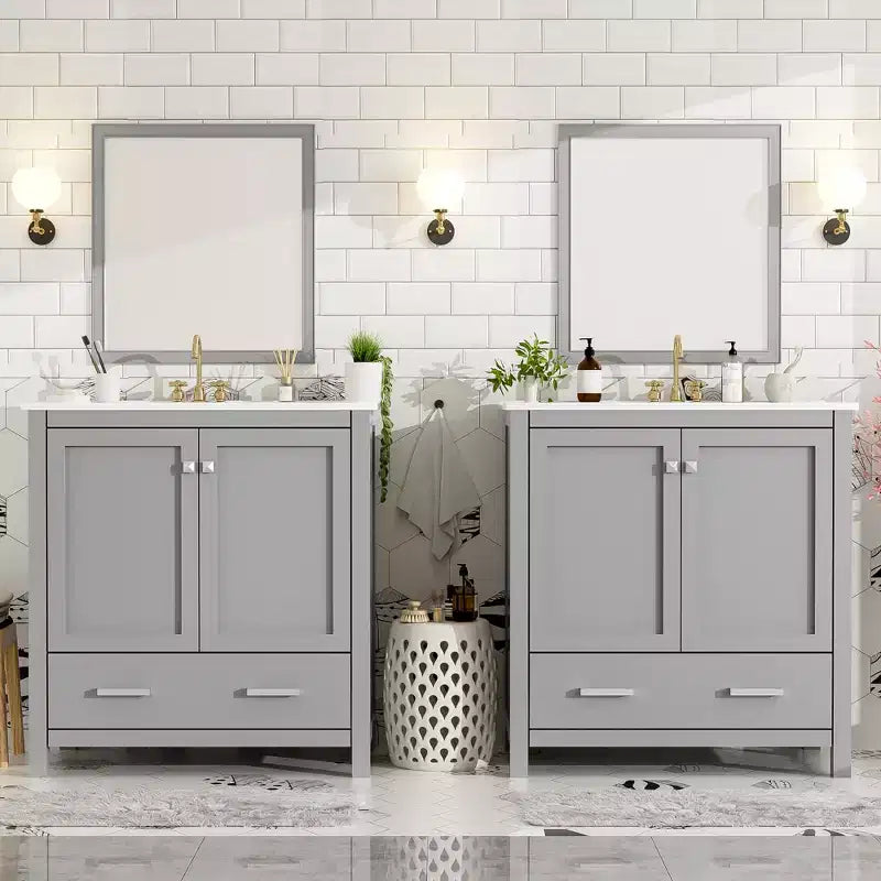 Combinación de tocador de baño vintage de 48" con lavabos dobles, gabinete de almacenamiento para baño con puertas de cierre suave y estante
