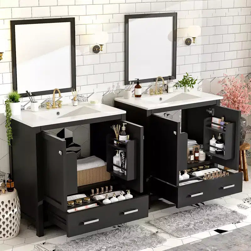 Combinación de tocador de baño vintage de 48" con lavabos dobles, gabinete de almacenamiento para baño con puertas de cierre suave y estante