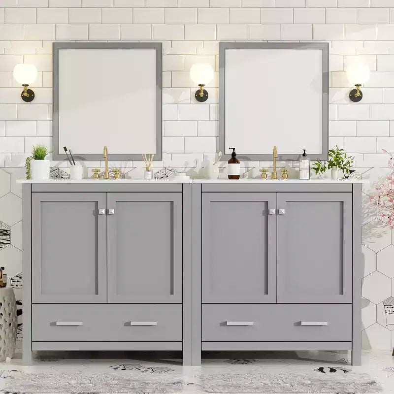 Combinación de tocador de baño vintage de 48" con lavabos dobles, gabinete de almacenamiento para baño con puertas de cierre suave y estante