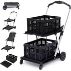 Carro de oficina plegable COZONY con ruedas, organizador rodante de 2 niveles de alta resistencia, carrito multiusos plegable, negro, 2 cajas de carga