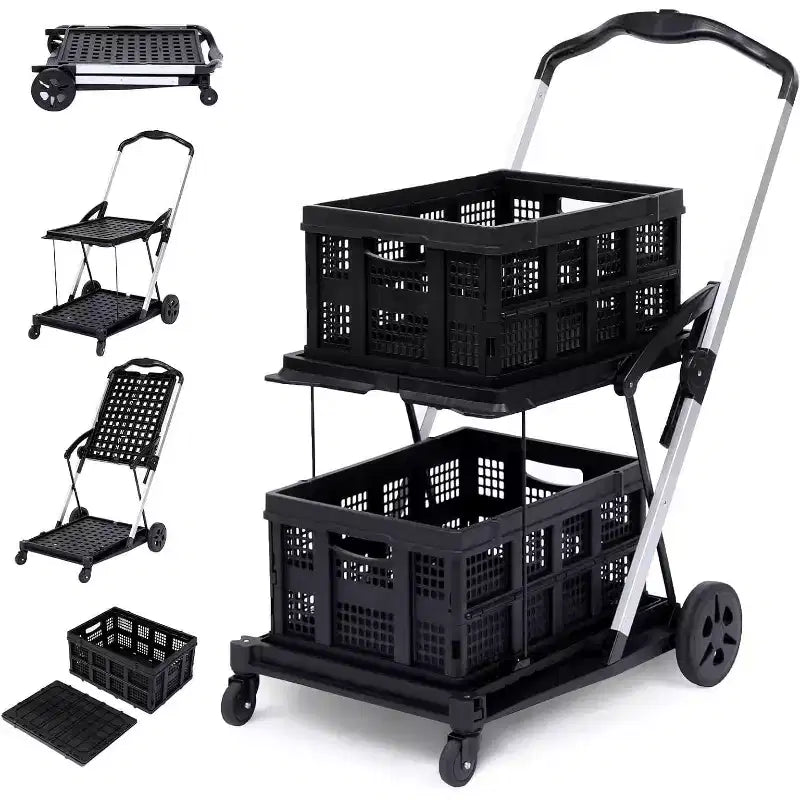Carro de oficina plegable COZONY con ruedas, organizador rodante de 2 niveles de alta resistencia, carrito multiusos plegable, negro, 2 cajas de carga