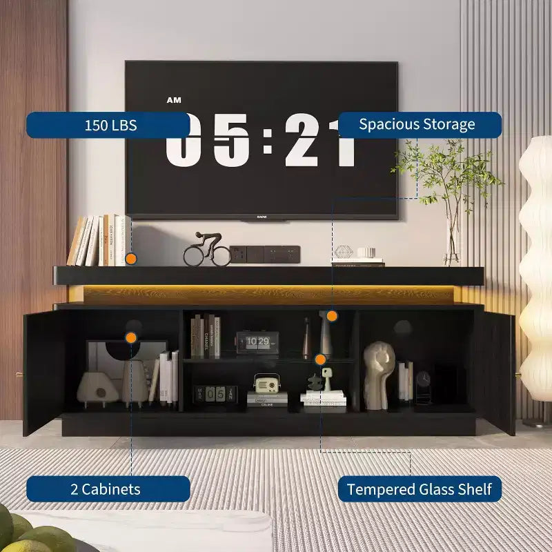 Acekool 63 Mueble de TV Moderno con Tomas de Corriente, Estante Ajustable y Almacenamiento, Consola Multimedia para Sala de Estar