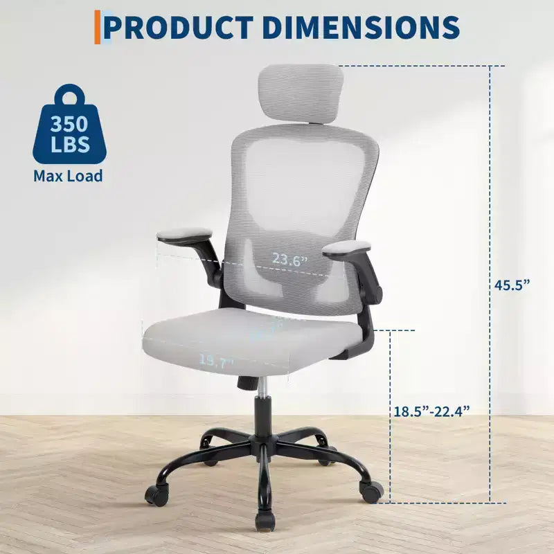 Sillón de oficina ergonómico premium de malla gris - Reposacabezas ajustable y respaldo reclinable, giro de 360° - Ruedas silenciosas, agradable para la piel y duradero
