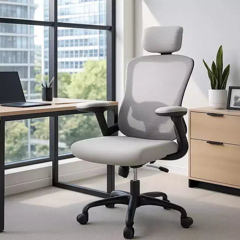 Sillón de oficina ergonómico premium de malla gris - Reposacabezas ajustable y respaldo reclinable, giro de 360° - Ruedas silenciosas, agradable para la piel y duradero