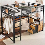 Cama alta matrimonial con escritorio y almacenamiento, cajones de tela no tejida, estructura metálica de cama alta con escaleras, sin ruidos y sin necesidad de somier. Negra