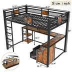Cama alta matrimonial con escritorio y almacenamiento, cajones de tela no tejida, estructura metálica de cama alta con escaleras, sin ruidos y sin necesidad de somier. Negra