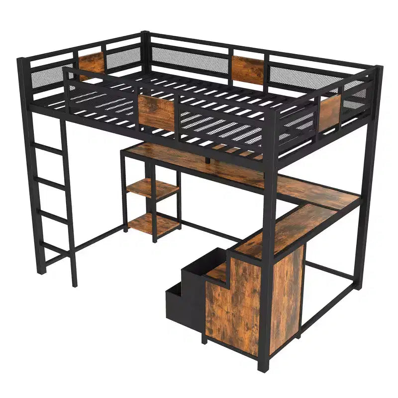 Cama alta matrimonial con escritorio y almacenamiento, cajones de tela no tejida, estructura metálica de cama alta con escaleras, sin ruidos y sin necesidad de somier. Negra