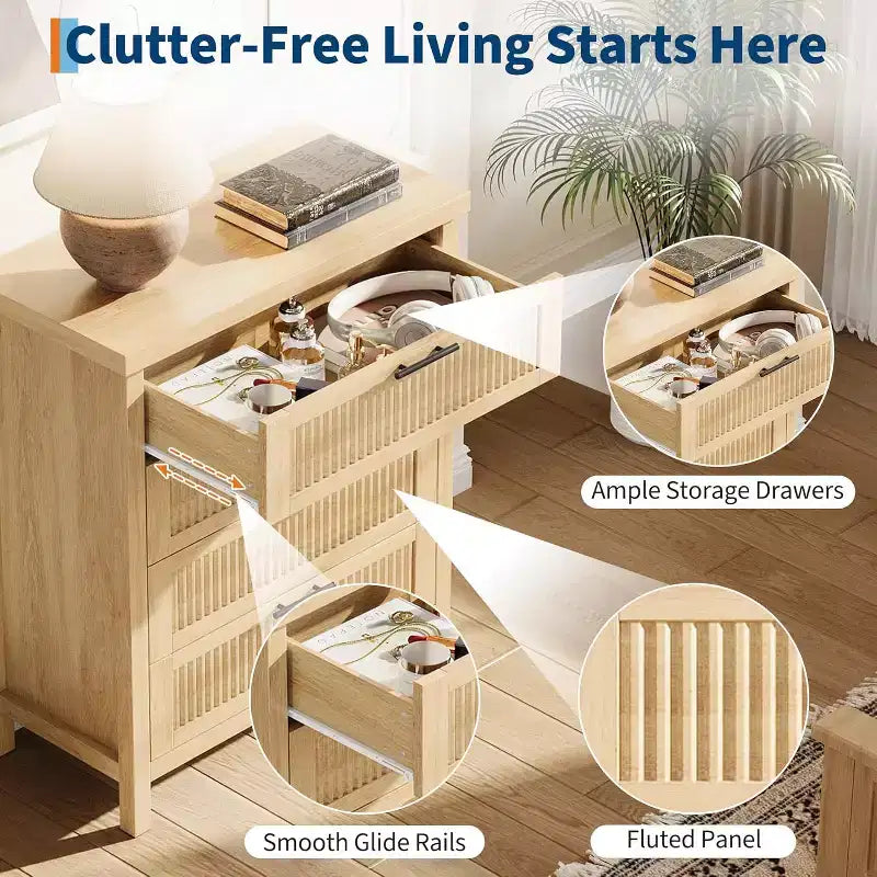 Cómoda acanalada para dormitorio, cajonera alta de 35.4'' con 4 cajones de almacenamiento, mueble organizador de ropa moderno de madera para sala de estar, dormitorio, entrada