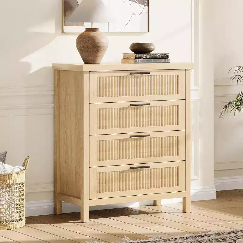 Cómoda acanalada para dormitorio, cajonera alta de 35.4'' con 4 cajones de almacenamiento, mueble organizador de ropa moderno de madera para sala de estar, dormitorio, entrada