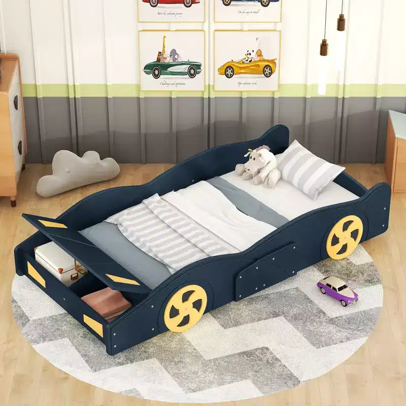 Cama plataforma GDFStudio Dean con forma de coche, ruedas y almacenamiento