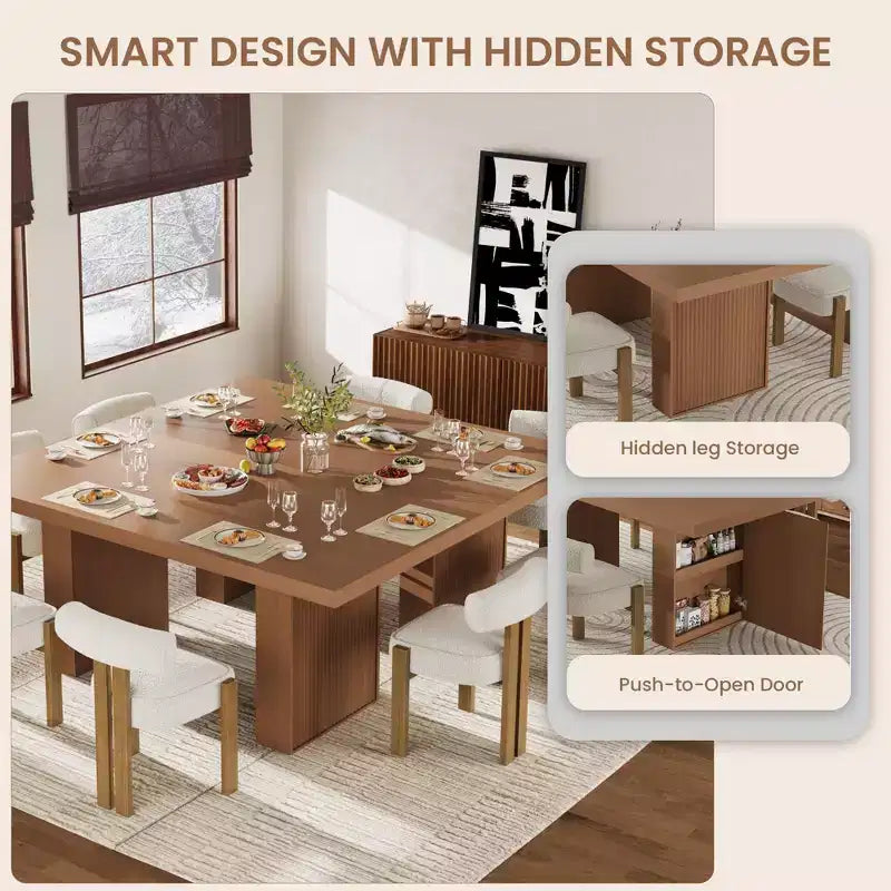 Mesa de comedor de 70.8 para 6 8 10, mesa de comedor moderna con almacenamiento, mesa de cocina de madera con patas acanaladas, mesas de cena para cocina comedor