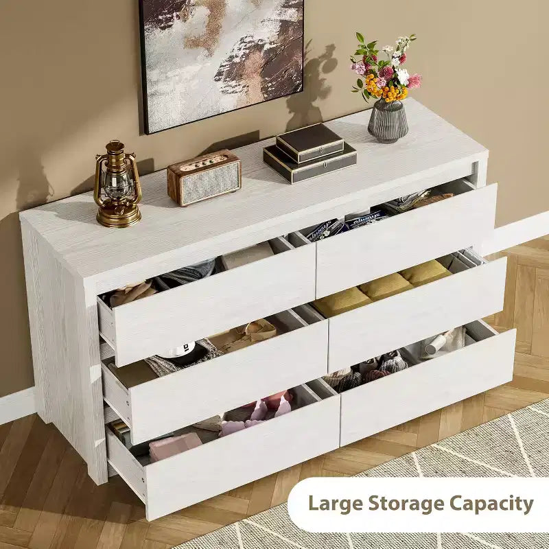 Cómoda de 6 cajones para dormitorio, cómoda de madera ancha sin tiradores, mueble de almacenamiento grande y moderno para sala de estar, pasillo o entrada.