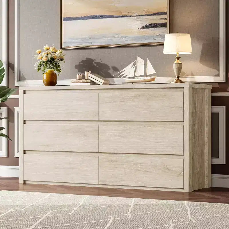 Cómoda de 6 cajones para dormitorio, cómoda de madera ancha sin tiradores, mueble de almacenamiento grande y moderno para sala de estar, pasillo o entrada.