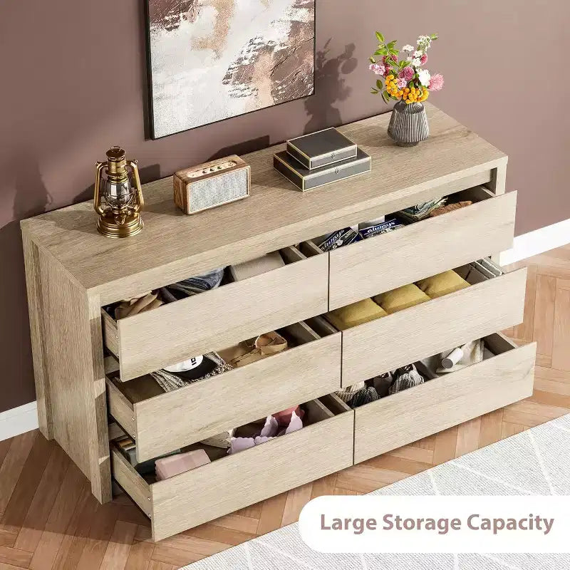 Cómoda de 6 cajones para dormitorio, cómoda de madera ancha sin tiradores, mueble de almacenamiento grande y moderno para sala de estar, pasillo o entrada.