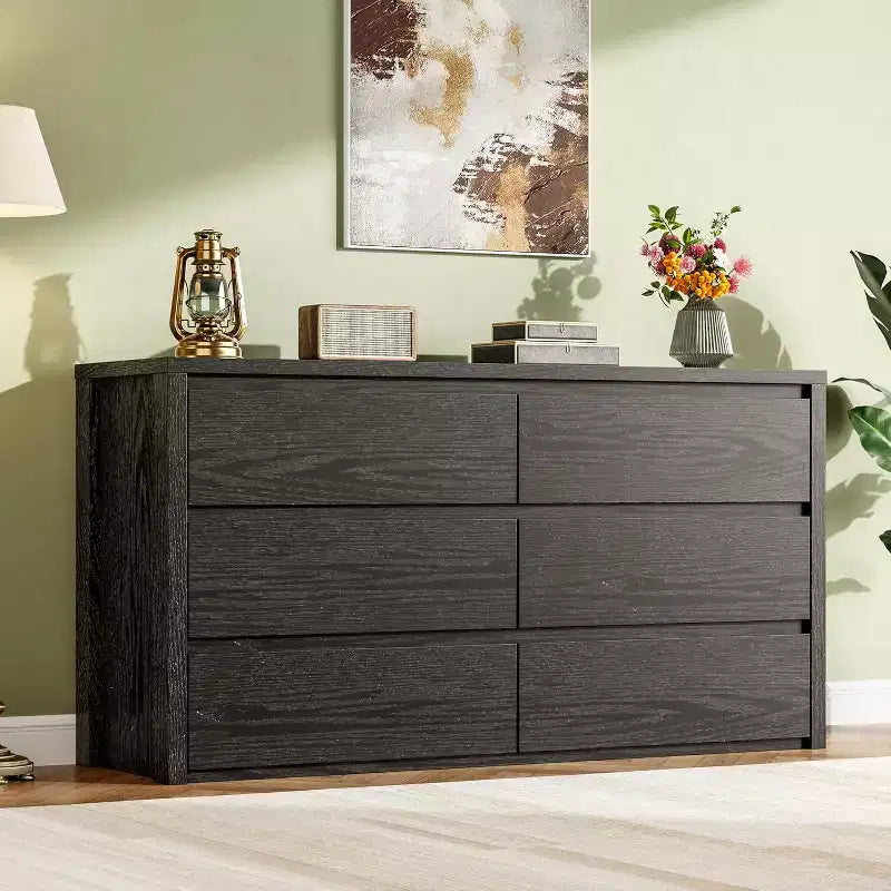 Cómoda de 6 cajones para dormitorio, cómoda de madera ancha sin tiradores, mueble de almacenamiento grande y moderno para sala de estar, pasillo o entrada.