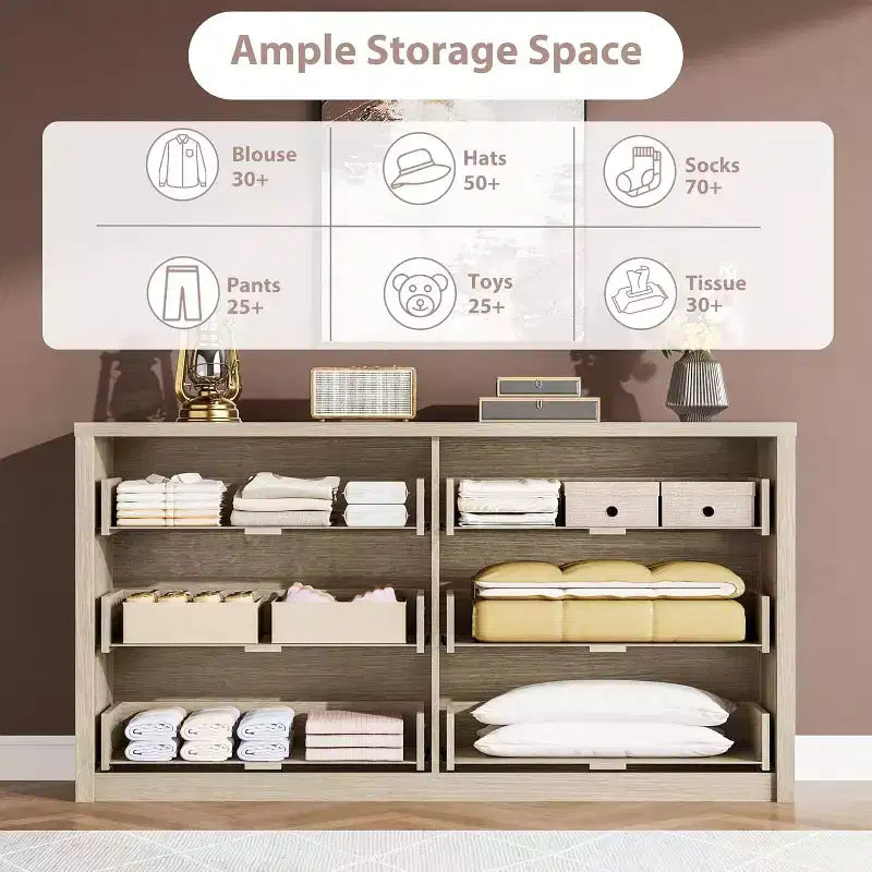 Cómoda de 6 cajones para dormitorio, cómoda de madera ancha sin tiradores, mueble de almacenamiento grande y moderno para sala de estar, pasillo o entrada.