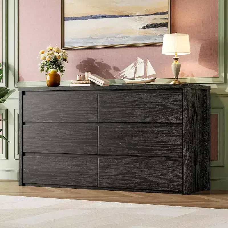Cómoda de 6 cajones para dormitorio, cómoda de madera ancha sin tiradores, mueble de almacenamiento grande y moderno para sala de estar, pasillo o entrada.