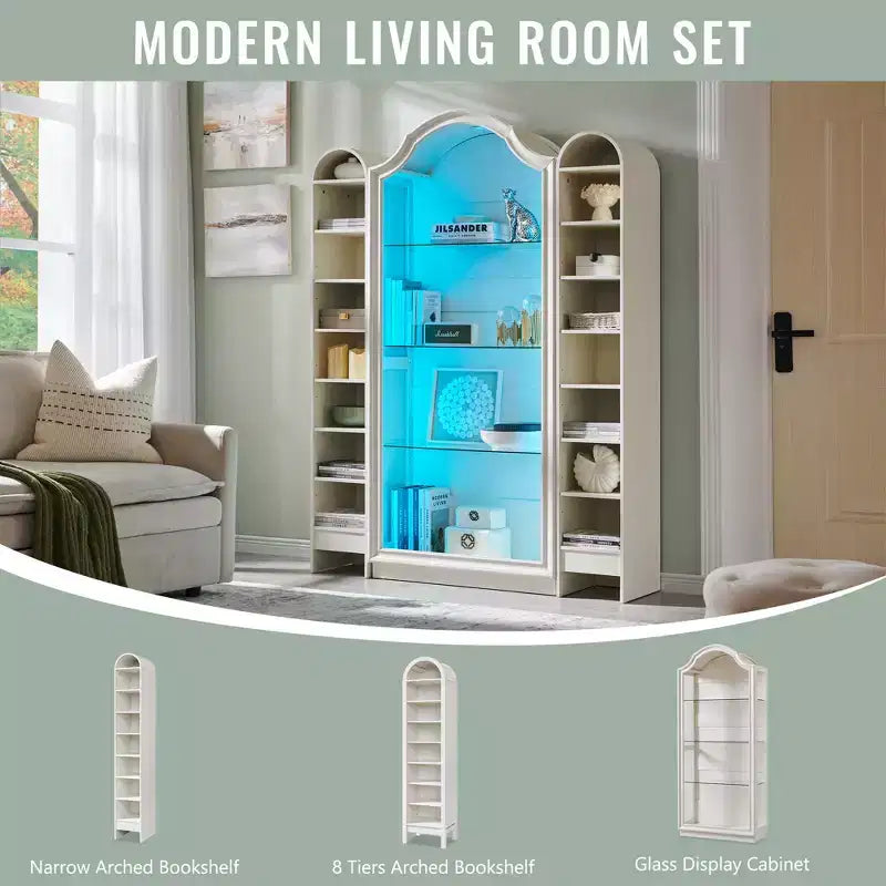 Armario de Cocina con Arco de 72 pulgadas, Vitrina de Vidrio de 4 Niveles con Luces LED de 20 Colores, Estantería Moderna para Sala de Estar