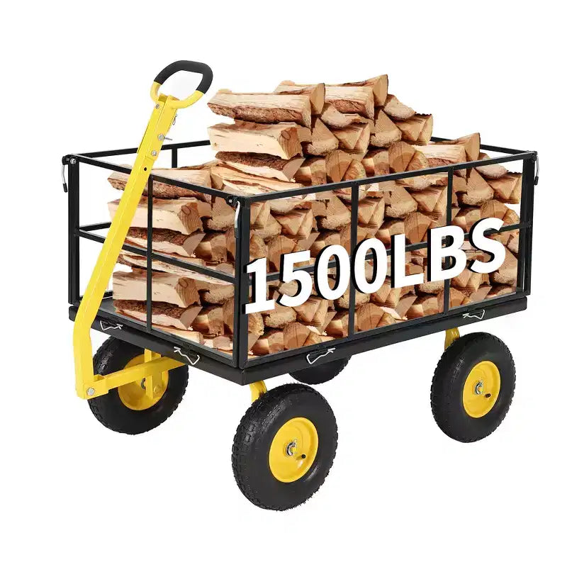 Carro de jardín de acero de 635 kg de alta resistencia, carro de jardín 2 en 1 con laterales de malla extraíbles, neumáticos todo terreno de 13 pulgadas y manija de 180°