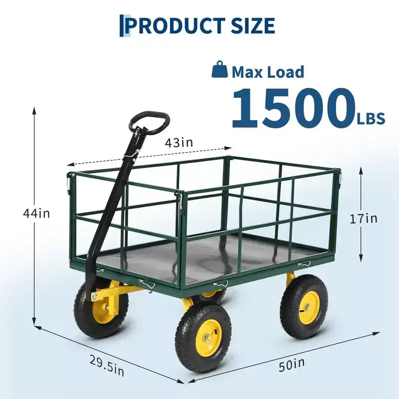 Carro de jardín de acero de 635 kg de alta resistencia, carro de jardín 2 en 1 con laterales de malla extraíbles, neumáticos todo terreno de 13 pulgadas y manija de 180°