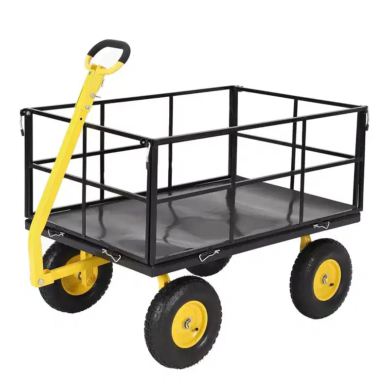 Carro de jardín de acero de 635 kg de alta resistencia, carro de jardín 2 en 1 con laterales de malla extraíbles, neumáticos todo terreno de 13 pulgadas y manija de 180°