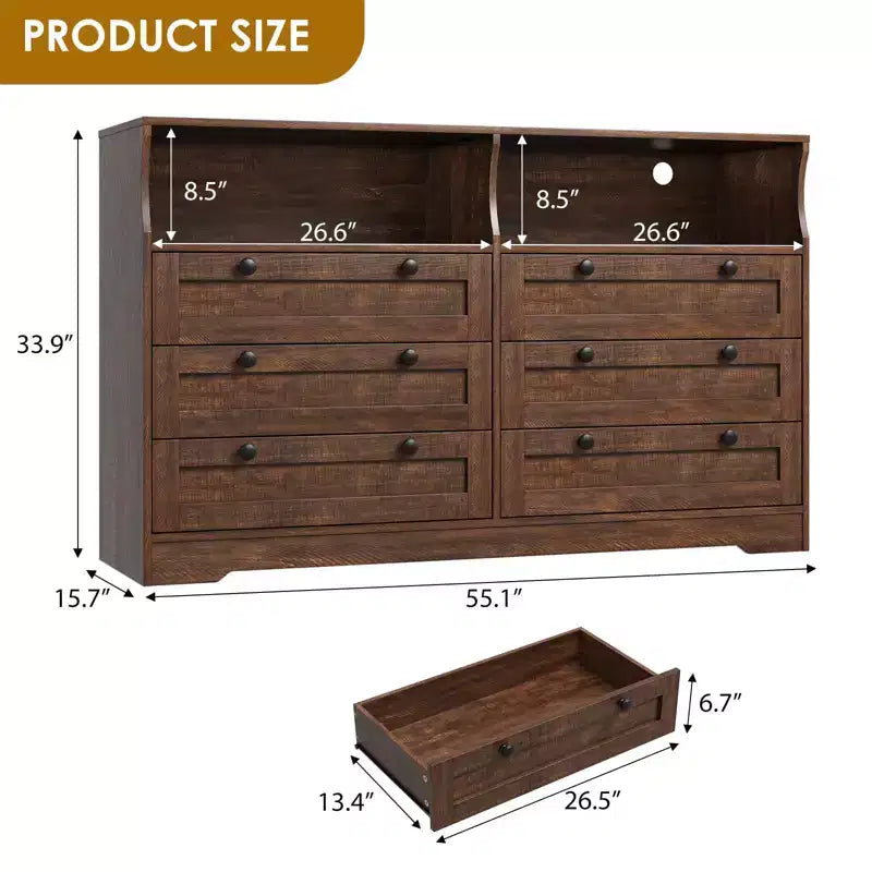 Cómoda de madera, cajonera de 6 cajones de 55 pulgadas de ancho, perfecta para organizar el dormitorio, la sala de estar, el armario y el pasillo