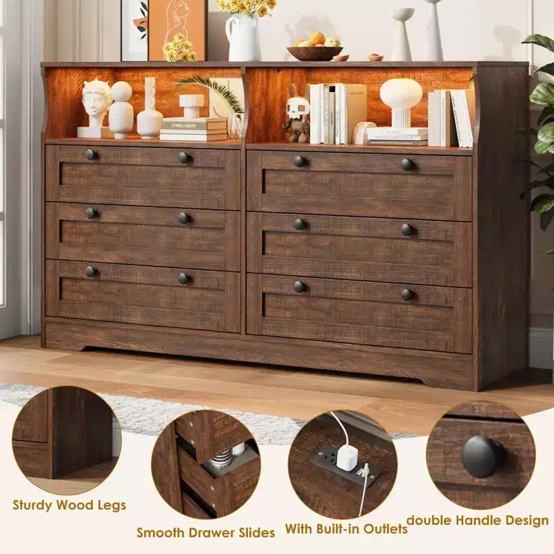 Cómoda de madera, cajonera de 6 cajones de 55 pulgadas de ancho, perfecta para organizar el dormitorio, la sala de estar, el armario y el pasillo