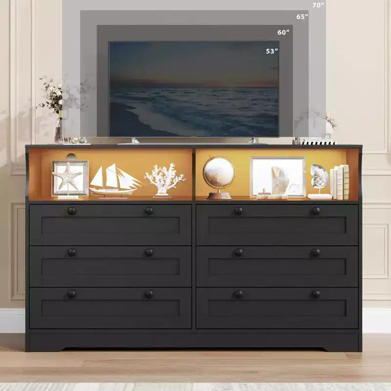 Cómoda de madera, cajonera de 6 cajones de 55 pulgadas de ancho, perfecta para organizar el dormitorio, la sala de estar, el armario y el pasillo