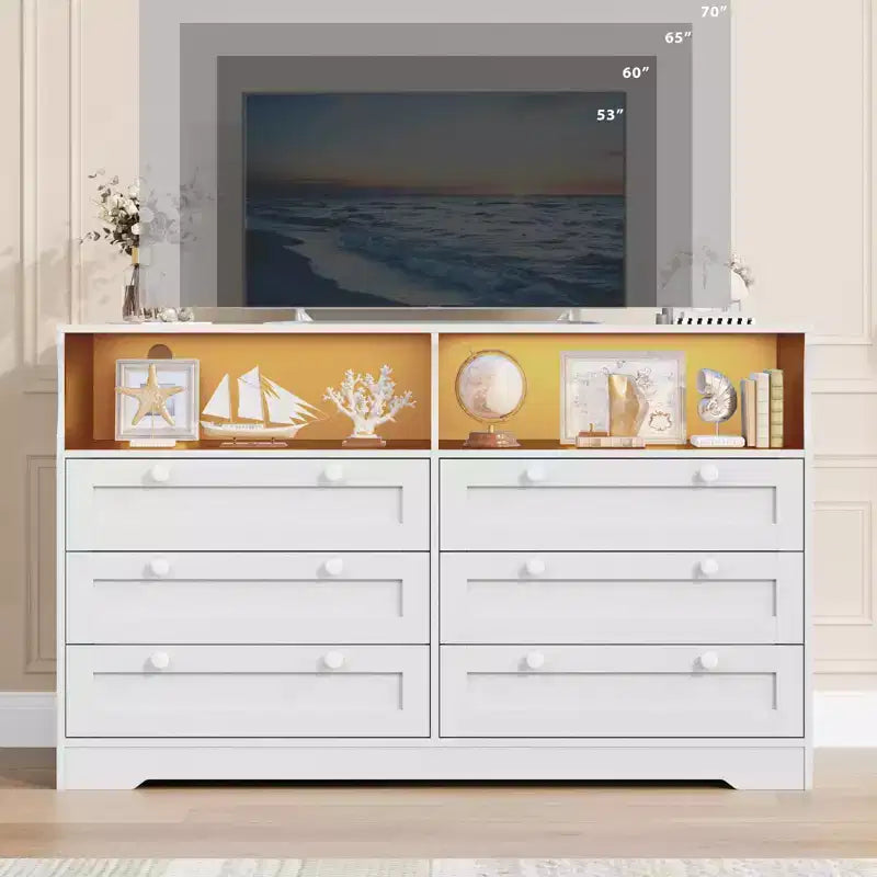 Cómoda de madera, cajonera de 6 cajones de 55 pulgadas de ancho, perfecta para organizar el dormitorio, la sala de estar, el armario y el pasillo